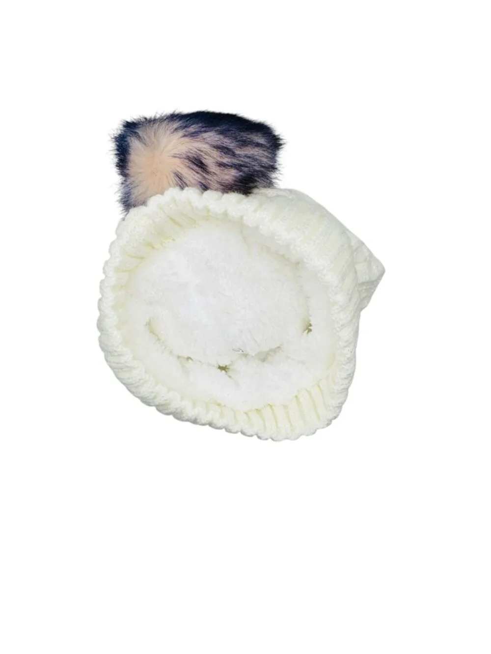 BY:KY Womens White Knit Beanie With Multicolor Faux Fur Pom & Fleece Lining